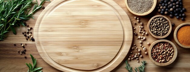 Wooden Cutting Board with Various Spices and Herbs