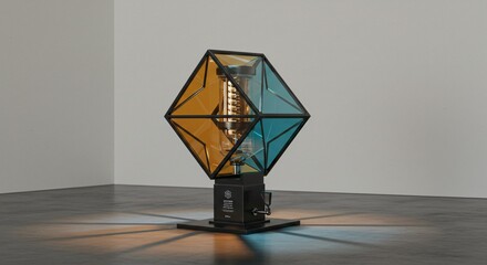 A modern lamp with a geometric shade featuring yellow and blue glass on a gray surface and background