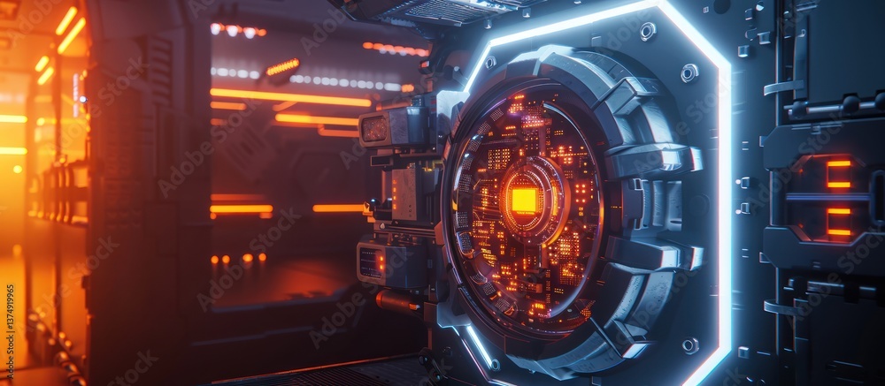 Canvas Prints futuristic tech panel with glowing orange core.