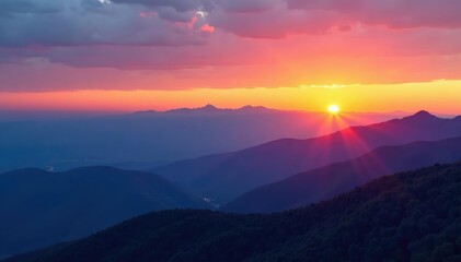 Obraz premium Uninterrupted line of mountain range against sunset, clouds, wilderness, travel