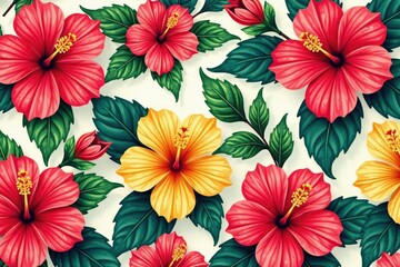 Obraz premium Bold hibiscus motif, stylized blooms, repeating design , art, plant, print