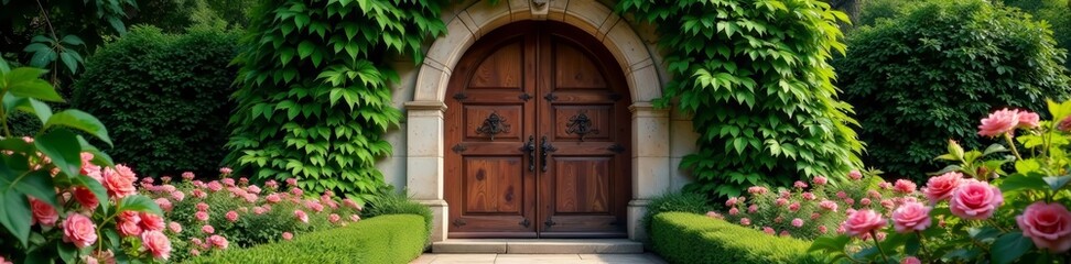Obraz premium Majestic wooden door surrounded by ivy and flowers, background, flora
