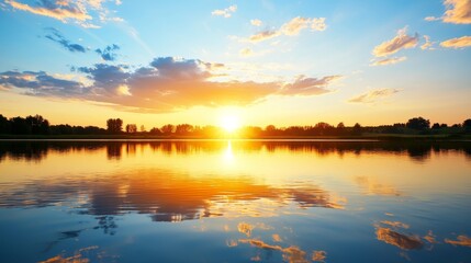 Serene Sunset Over Calm Water with Beautiful Clouds and Tranquil Reflections