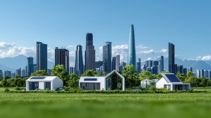 Obraz premium Eco Friendly Modern Houses with Solar Panels in Green City Park against Skyscrapers