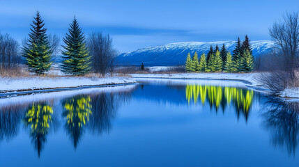 Fototapeta premium Winter Scene with Snowy Trees Reflecting in a River with a Mountain Backdrop in Dreamy Blue Lighting