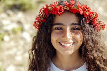 Naklejka premium Happy sunny days symbol. Sunny daylight. Happy middle eastern teenager girl wearing red flower crown on her head. Childâ€™s bright and happy vacation. Happy little traveler. Summer joy for kids.