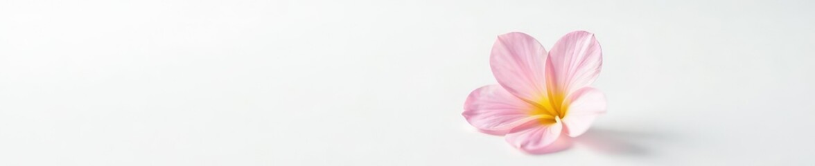 Fototapeta premium Single delicate flower on a plain white surface, white background, delicate