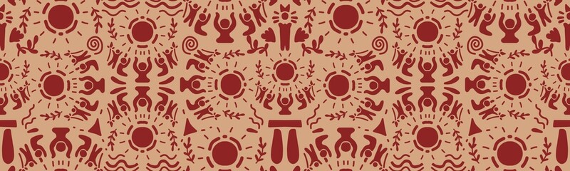 A seamless pattern depicting the worship of the Sun God by ancient tribes in the style of traditional mural art