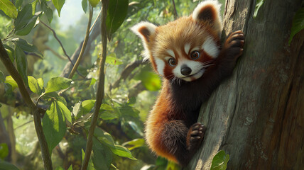 Obraz premium young red panda excitedly climbs tree, gripping bark with its paws amidst lush green foliage. scene captures playful and curious nature of red panda in its natural habitat