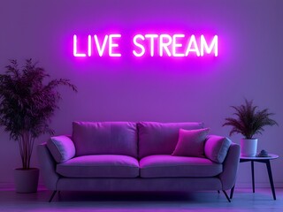 Modern live streaming setup with neon sign, cozy sofa, purple lighting, podcasting background, neon-lit streaming studio, content creation room