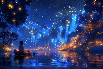 Mystical River Exploration captivating digital art illustration of young boy drifting along tranquil river glowing boat surrounded bioluminescent plant ethereal firefly soft ripple reflect starry sky