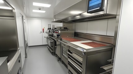 A clean modern commercial kitchen features stainless steel appliances and equipment ideal for food preparation and processing.