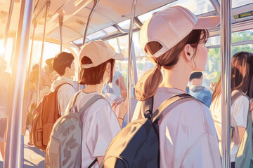 Fototapeta premium Students with backpacks riding public transport at sunrise