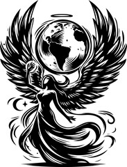 sketch vector illustration silhouette design icon logo symbol monochrome black white holy angel wide winged guardian of the earth  