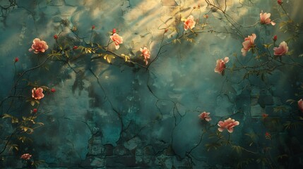 Natures Rebirth Blooming Wall A digital composite of an overgrown wall where flowers and vines bloom through cracks illuminated by soft ethereal light that hints at the passage of time