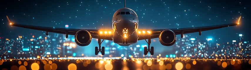 Fototapeta premium Airplane Landing Night City.