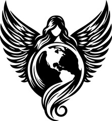 sketch vector illustration silhouette design icon logo symbol monochrome black white holy angel wide winged guardian of the earth 