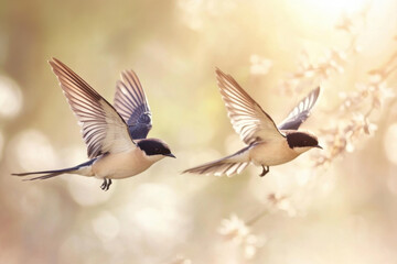 Obraz premium Two birds flying together in spring sunlight with blurred background