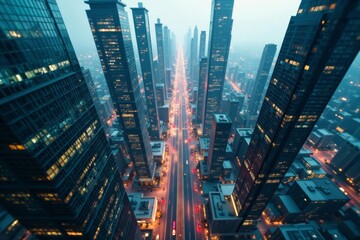 Fototapeta premium Overhead view of modern metropolis with flying vehicles and tall glass buildings, urban, futuristic