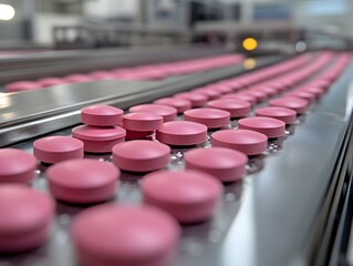 Obraz premium Rows of pink pills move along a stainless steel conveyor belt in a pharmaceutical manufactu plant.
