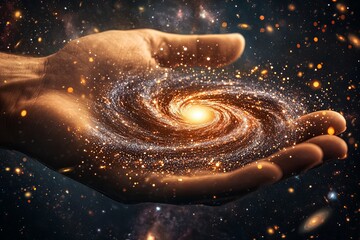 Hand of God holding a galaxy, symbolic spiritual image of creation and divine power
