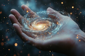 Hand of God holding a galaxy, symbolic spiritual image of creation and divine power
