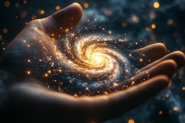 Human hand holding glowing galaxy, conceptual illustration of space and imagination

