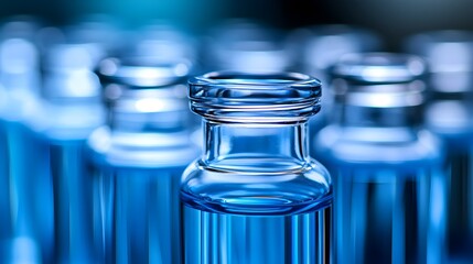 A close-up shot reveals rows of clear glass vials filled with a vibrant blue liquid in a scientific laboratory setting.