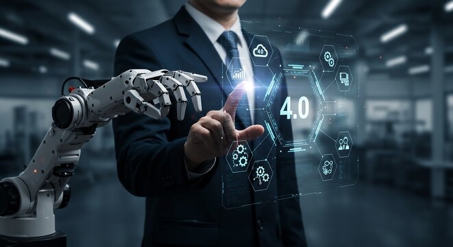 Industry 4.0: A businessman interacts with a robotic arm and a futuristic holographic interface displaying key elements of the Fourth Industrial Revolution.