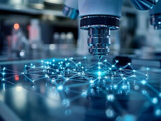 A high-powered microscope lens focuses on a complex network of glowing blue nodes and connections on a glass surface in a modern scientific
