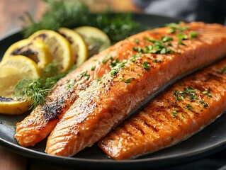 Delicious grilled salmon fillets seasoned with herbs served with grilled lemon slices on a dark plate for a healthy meal.