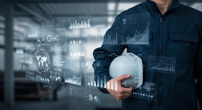 Industrial Worker with Futuristic Holographic Interface Showing Data Analytics and Charts