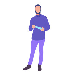 Man holding a long object, wearing a purple shirt and pants