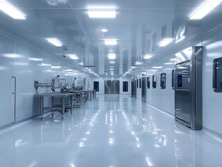 A pristine cleanroom facility showcases stainless steel equipment and polished floors under bright fluorescent lighting in a pharmaceutical or