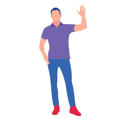 Man in a Purple Polo Shirt and Blue Jeans, Waving