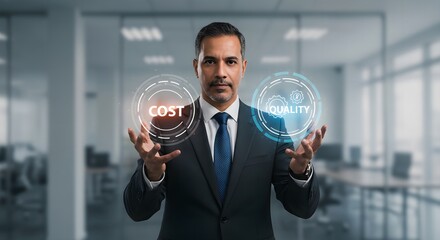 Businessman chooses quality over cost in modern office sleek interface design
