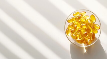 Overhead shot of yellow fish oil capsules, rich in omega-3, stacked in a bowl on a white background, sharp clean detail, vibrant tones