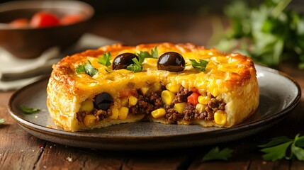 Delicious savory pie with a golden crust, filled with seasoned meat, corn, and topped with olives and herbs for a flavorful meal.