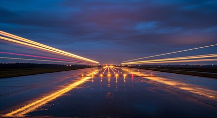 Runway Lights at Dusk: Long Exposure Photograph of Airplane Light Trails on Wet Asphalt