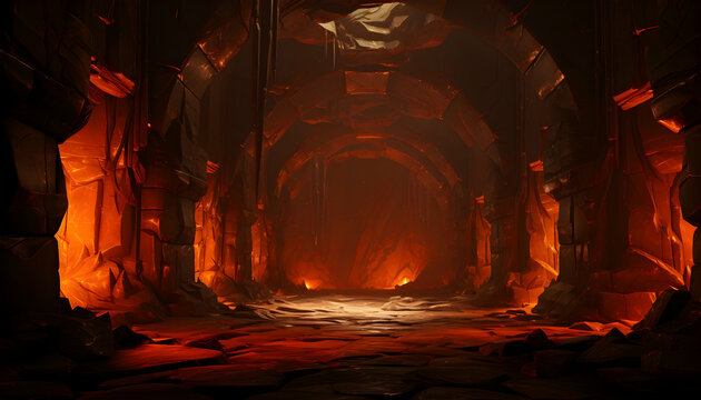 Infernal Orange Tunnels in Ancient Ruins Featuring a Pixelated Style Abandoned Stone Structures and Fiery Lava Texture with Gritty Decay