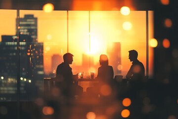 Business meeting sunset city view silhouette office discussion teamwork collaboration success strategy plan 100