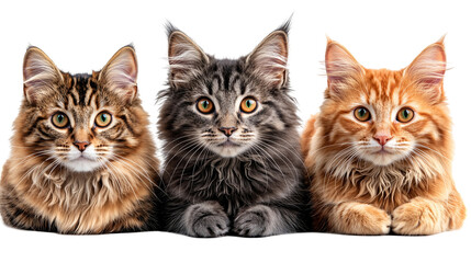 Three adorable maine coon kittens posing for the camera isolated on transparent background png