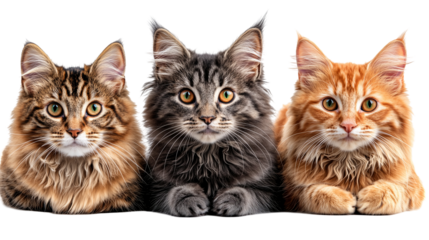 Three adorable maine coon kittens posing for the camera isolated on transparent background png