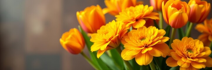 Close-up of a bunch of golden marigolds and tulips, sunny day, garden bouquet