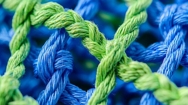 Macro detail of overlapping fishing nets in bright blue and green, with visible knots and frayed rope strands