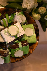 brownies, basket with brownies, seen from above, top view, party sweets, chocolate cake, basket...