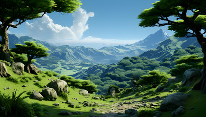 Lush Green Mountain Valley Landscape with Pixelated Texture and Clear Blue Sky with Distant Hills and Trees in Daytime