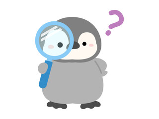 虫眼鏡とクエスチョンマークとペンギン
