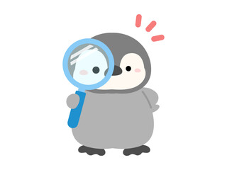 ひらめきのイメージ、虫眼鏡とペンギンのベクターイラスト