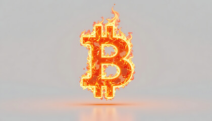 Burning Bitcoin icon made of flames with glowing effect on a plain neutral background symbolizes power, innovation, and cryptocurrency. Perfect for blockchain, finance, and digital currency projects